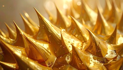 Close-up of golden spiky object with liquid droplets and soft focus lighting