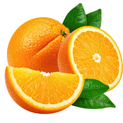 Fresh whole and sliced oranges with leaves
