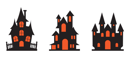 Halloween haunted house silhouette collection. Halloween spooky ghost house. Isolated Halloween haunted house church and other buildings.
