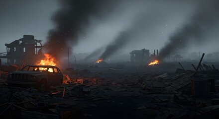 Obraz premium Postapocalyptic scene with burning buildings, destroyed vehicles, and thick smoke filling the air, depicting the aftermath of a devastating war or disaster