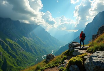 Fototapeta premium Breathtaking Lush Mountain Landscape with Dramatic Clouds and Vibrant Skies Hiking Adventure Views