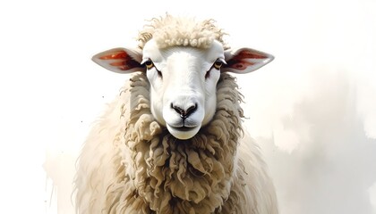 Close-up portrait of a fluffy white sheep with striking features and isolated on white