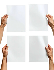 Four blank sheets of paper held by hands