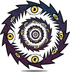 Spiral of eyes creates an optical illusion on white background