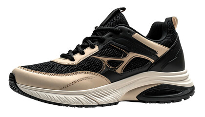 Close-up of a black and beige athletic shoe.  Supportive design with textured sole