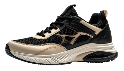 Close-up of a black and beige athletic shoe.  Supportive design with textured sole