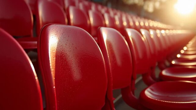 A row of red chairs are empty in a stadium. The chairs are arranged in a row, with some of them facing the camera. The chairs are all the same color and size, and they are all empty