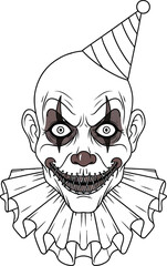 Creepy clown with stitched mouth and party hat illustration