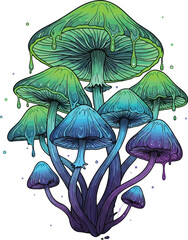 Colorful mushrooms with dripping caps on a white background