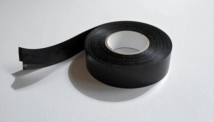 Close-up of a roll of black electrical tape on a white surface