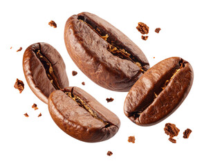Roasted coffee beans, scattered and floating
