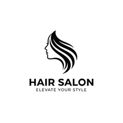 Obraz premium Elegant hair salon logo design featuring a womans profile with flowing hair, isolated on white background elevate your style