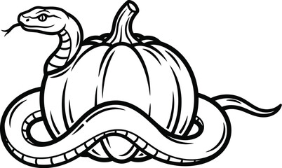 Snake coiled around a pumpkin illustration in black outline