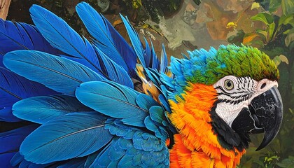Close-up of a Colorful Macaw Parrot with Blue Feathers and Vibrant Colors