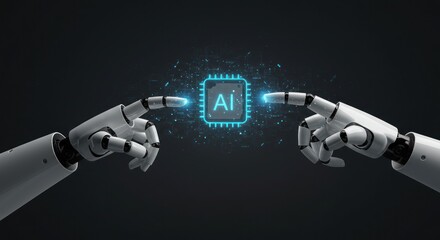 Robotic hands interacting with glowing digital interface