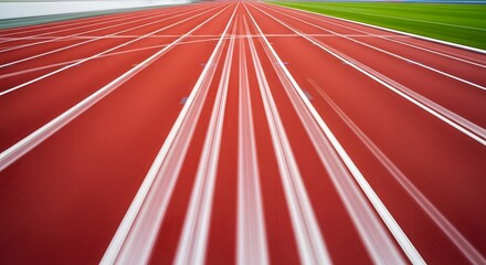 A vibrant red running track stretches into the distance, its crisp white lines guiding athletes toward the finish line under a clear sky, symbolizing speed