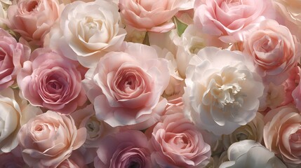 Obraz premium Beautiful blooming roses background with delicate pink and white petals creating a romantic floral scene.