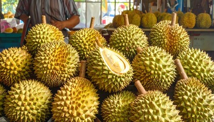 Close-up shot of durian fruits at a fruit market for sale