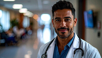Fototapeta premium Medical professional with stethoscope in a hospital environment conveying clinical expertise primary care diagnosis and dedicated healthcare leadership guiding patient
