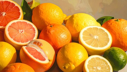 Close-up shot of fresh citrus fruits, including oranges, lemons and grapefruit