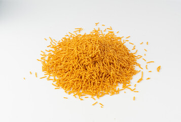 Aloo bhujia indian snack isolated. Crispy potato and chickpea flour strips, alu bhujiya sev