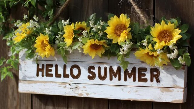 A sign with yellow flowers and the words "Hello Summer" written on it. The sign is hanging on a wooden fence