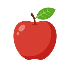 Vibrant Red Apple with Green Leaf and Stem, Simple Vector Illustration