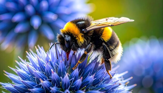 Close-up shot of a bumblebee pollinating a vibrant blue flower