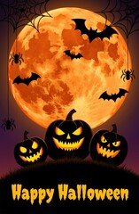 Halloween night with glowing jack-o'-lanterns and full moon