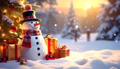 Christmas Snowman with Gifts Beside a Decorated Tree in a Winter Wonderland