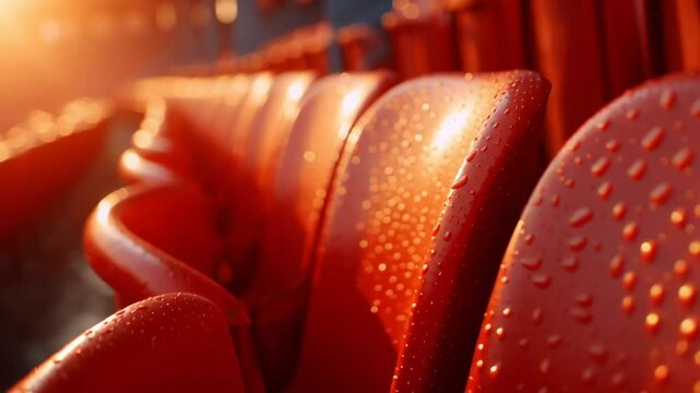 A row of red chairs with water droplets on them. The chairs are empty and the droplets are on the seats
