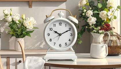 Close-up view of a white alarm clock with flowers and decorations
