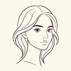A beautiful woman with wavy hair is depicted in a simple line drawing, showcasing her elegant features and serene expression