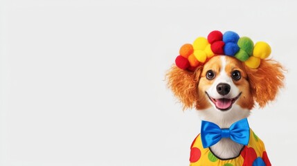 A cheerful dog dressed as a clown with a colorful wig and bow tie, bringing joy and happiness to any occasion.
