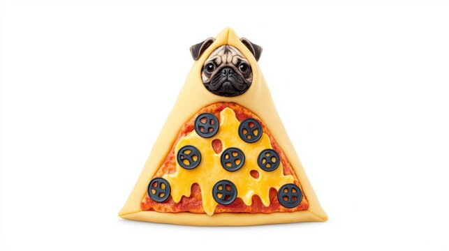 A quirky illustration of a pug dog lounging on a slice of delicious pizza, blending humor with culinary delight.