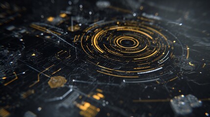 Futuristic Abstract Digital Technology Background with Glowing Golden Concentric Circles and Data Flow