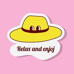 A vector illustration shows a cartoon style yellow travel sticker. It features a hat with eyes and a text bubble saying Relax and enjoj on a pink background.