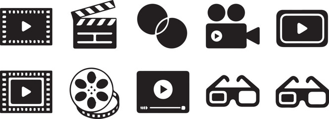 media production icon collection vintage camera clapperboard reel 3d glasses monitor vector graphics