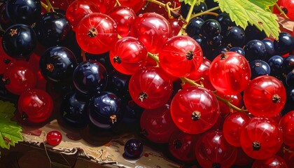 Close-up of fresh red and black currants, a vibrant and colorful food composition