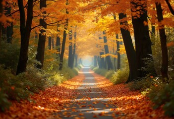 Serene Autumn Forest Trail with Golden Leaves Amidst Vibrant Colorful Foliage and Tranquil Atmosphere