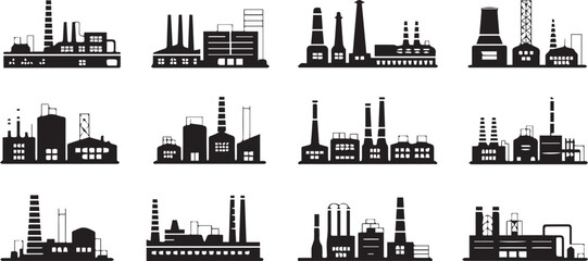 industrial factory icons set 12 black silhouette icons for manufacturing plant maps infographic vector ai eps png jpeg