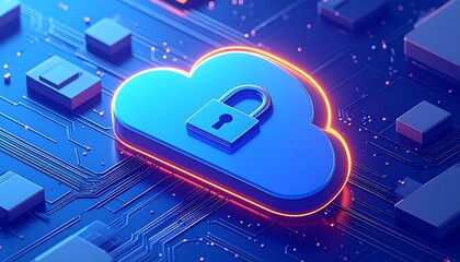 Cloud Security Concept: Digital Cloud with a Padlock on a Circuit Board
