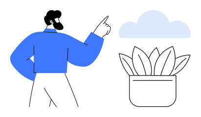 Man gesturing towards cloud above a plant pot with leaves representing connection, growth, sustainability, innovation, data, progress, and lighthearted design in a simple flat metaphor