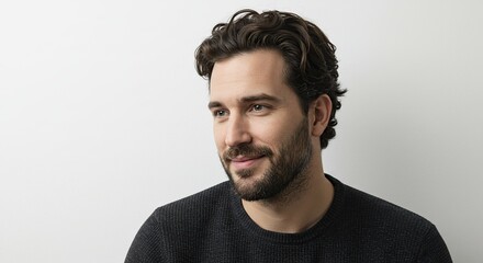 Fototapeta premium Man with beard and curly hair smiling thoughtfully isolated on transparent background