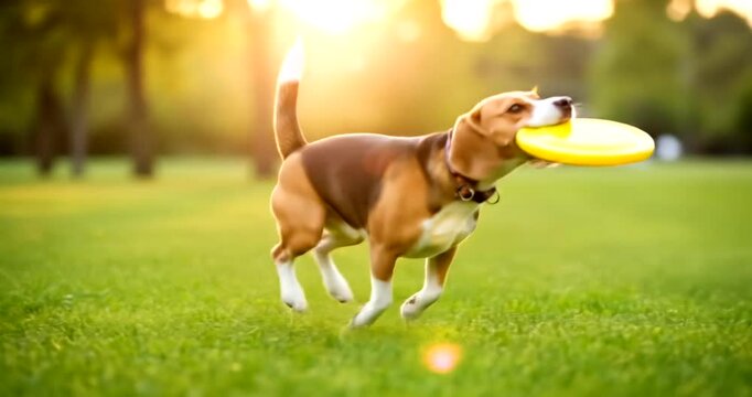 Happy beagle dog running with frisbee in sunny park during golden hour