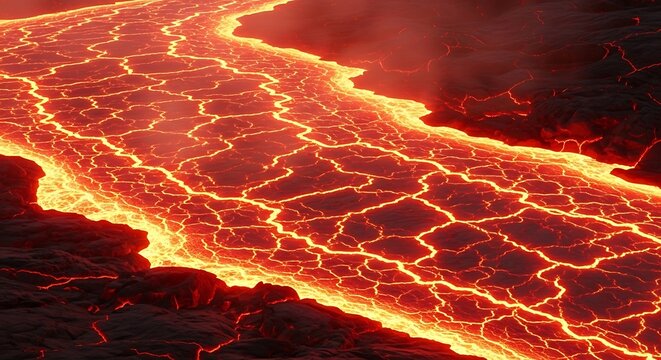 Molten Lava Flowing Across Earths Surface, Fiery Volcanic Activity.