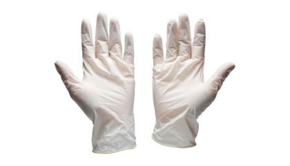 Hands wearing medical latex gloves with transparent background