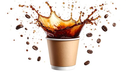 Coffee Splash in a Paper Cup with Coffee Beans and Isolated White Background