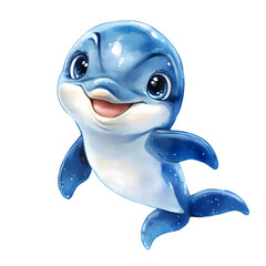 Cute baby dolphin with adorable features and playful expressions. Animal character with smiling face and big eyes. Watercolor illustration isolated on transparent background.