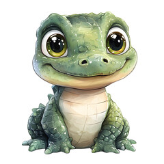 Cute baby crocodile in a sitting position with adorable features and playful expressions. Animal character with smiling face and big eyes. Watercolor illustration isolated on transparent background.